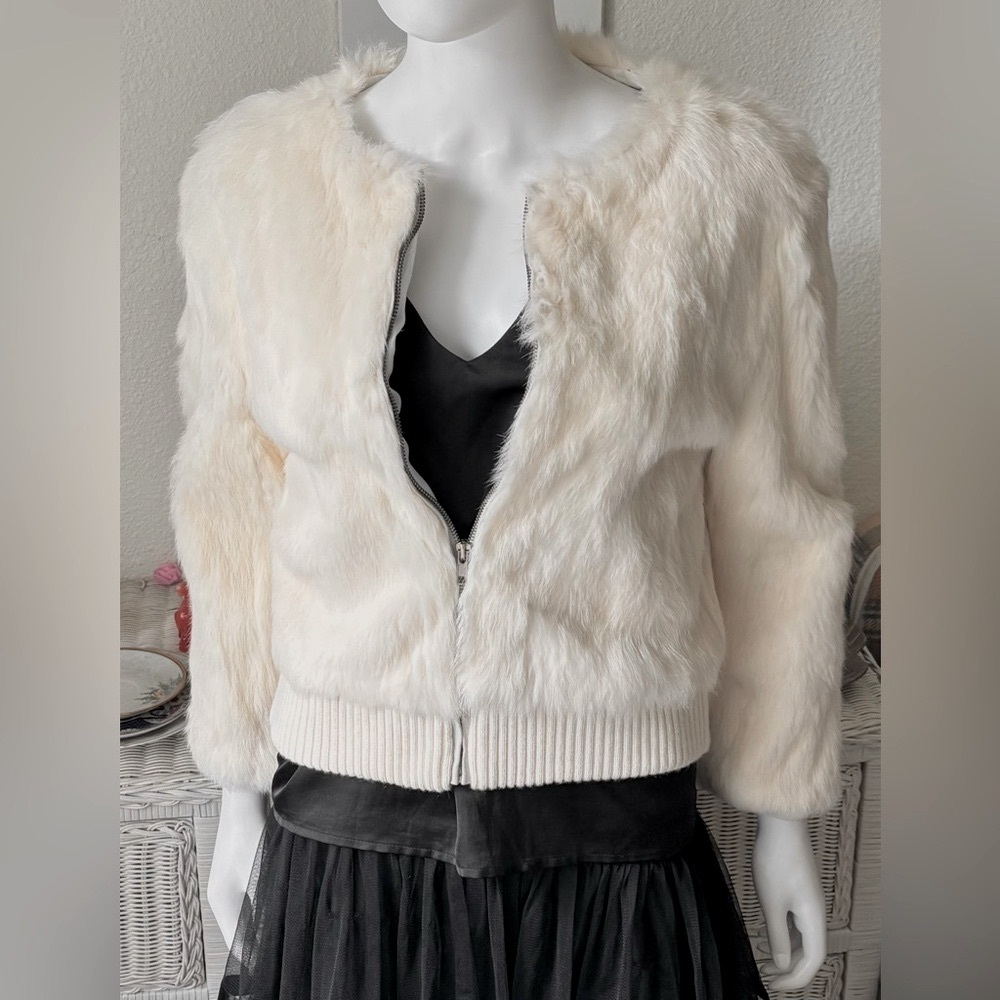 Vintage Shine New York Rabbit Fur Bomber Style Jacket in Creamy Color Size S